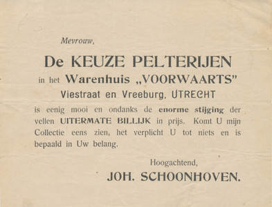 712862 Reclamebiljet voor de 'Keuze Pelterijen' in het Warenhuis “Voorwaarts”, Joh. Schoonhoven, Viestraat en Vreeburg ...